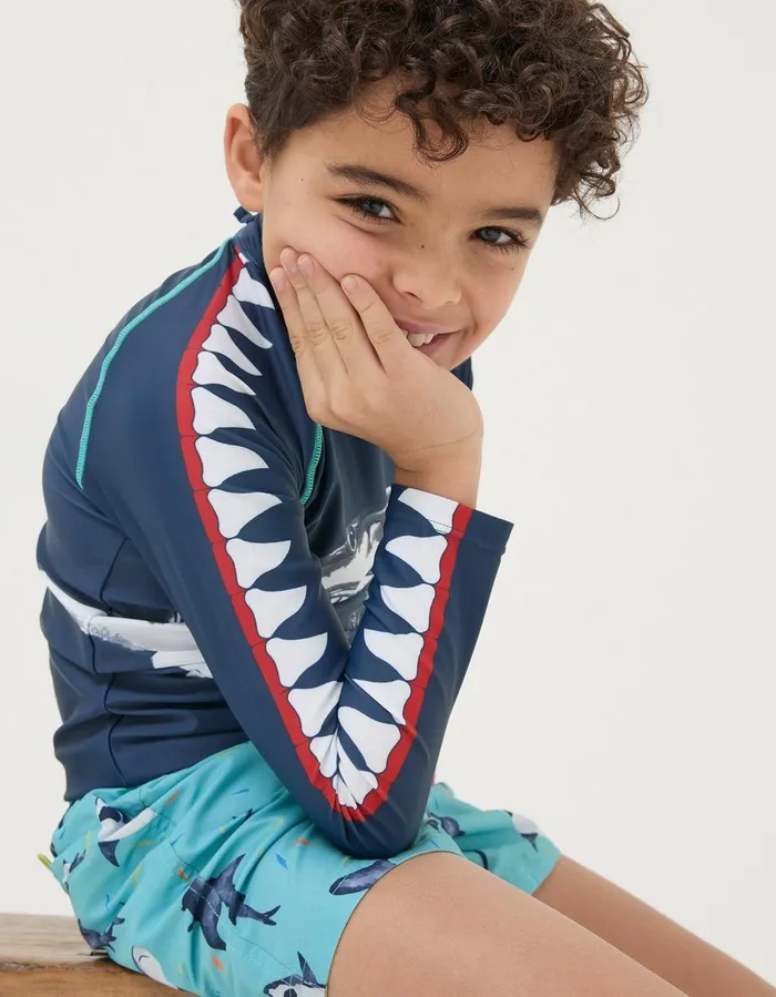 Shark Long Sleeve Rash Vest Navy Boys FatFace Swim and Beachwear