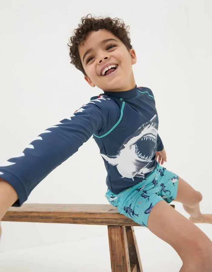 Shark Long Sleeve Rash Vest Navy Boys FatFace Swim and Beachwear