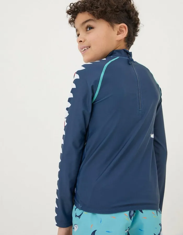 Shark Long Sleeve Rash Vest Navy Boys FatFace Swim and Beachwear