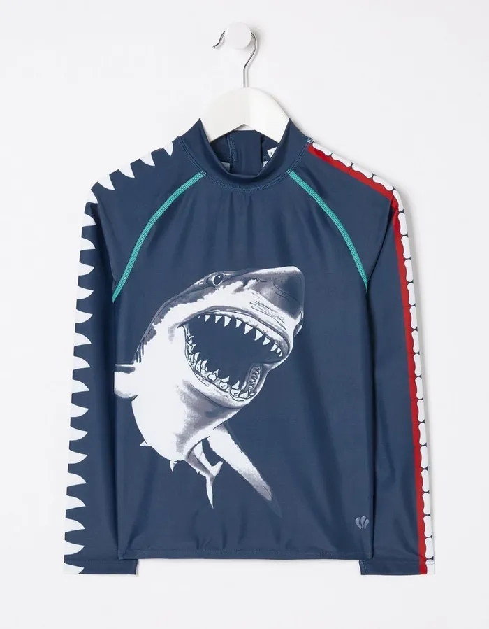 Shark Long Sleeve Rash Vest Navy Boys FatFace Swim and Beachwear