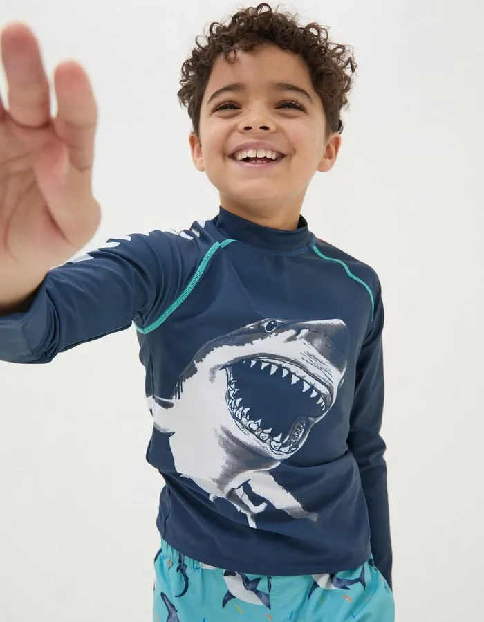 Shark Long Sleeve Rash Vest Navy Boys FatFace Swim and Beachwear