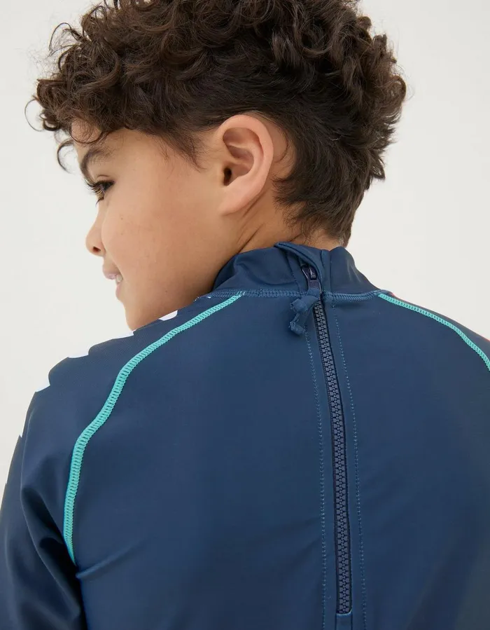 Shark Long Sleeve Rash Vest Navy Boys FatFace Swim and Beachwear