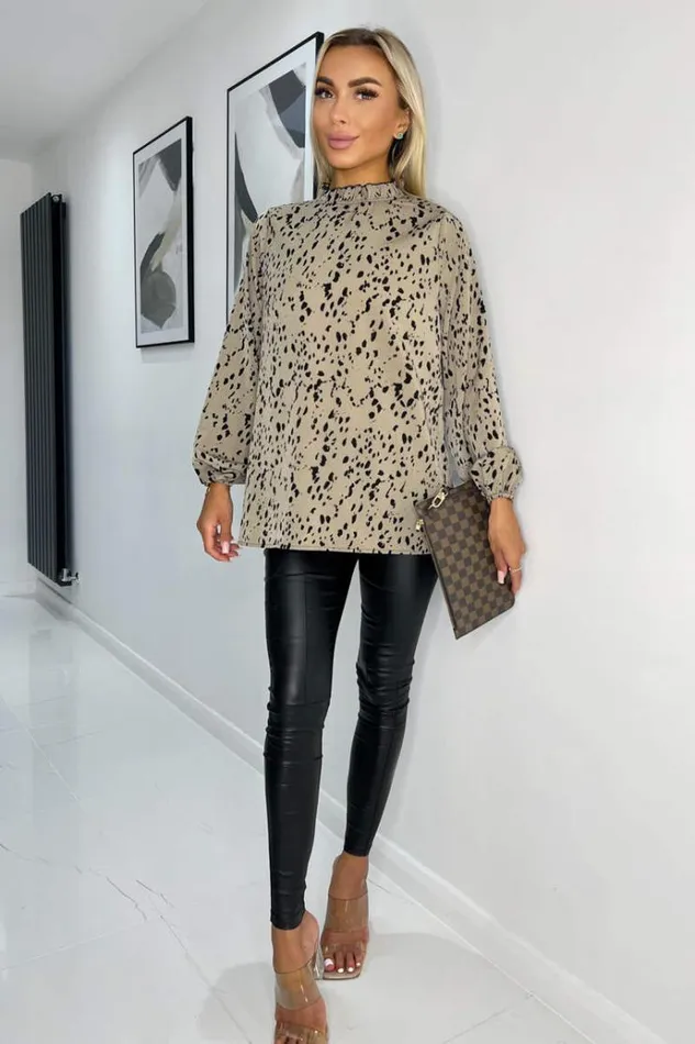 AX Paris Beige Animal Print High Neck Long Sleeve Top Women Tops