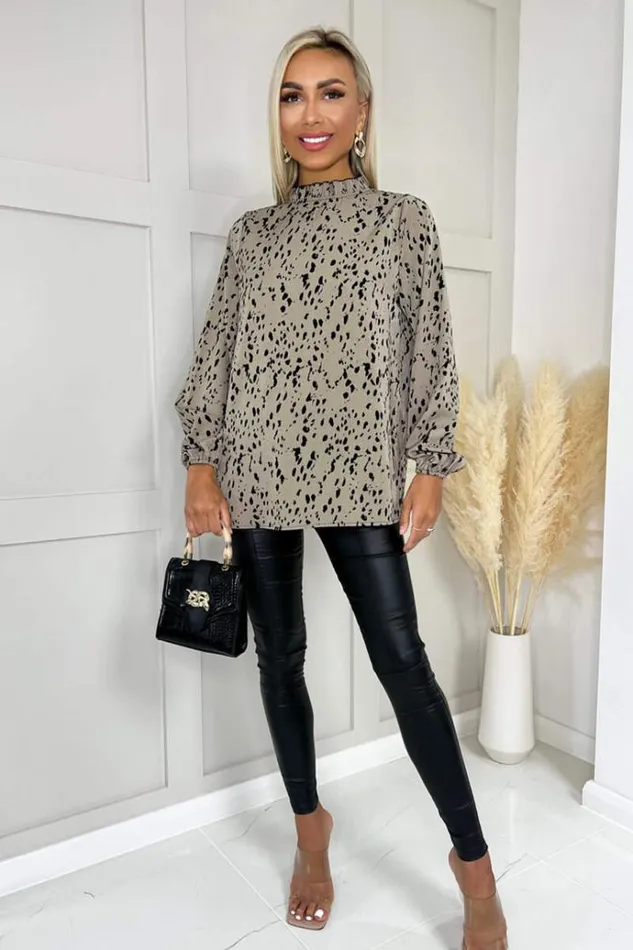 AX Paris Beige Animal Print High Neck Long Sleeve Top Women Tops