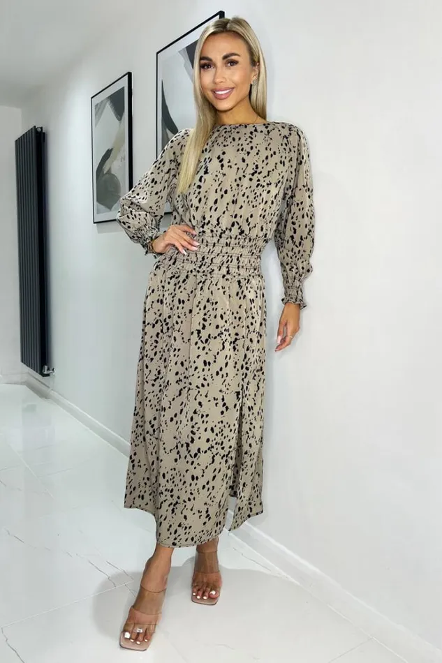 AX Paris Beige Animal Print Long Sleeve Shirred Detail Midi Dress Women Dresses AX Paris Beige Animal Print Long Sleeve Shirred Detail Midi Dress Women Dresses
