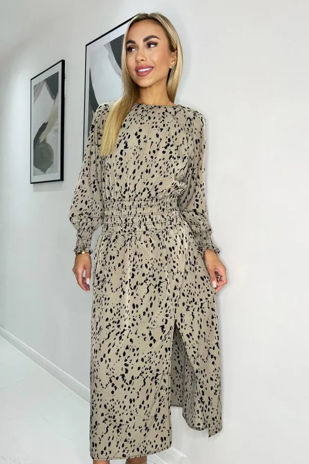 AX Paris Beige Animal Print Long Sleeve Shirred Detail Midi Dress Women Dresses