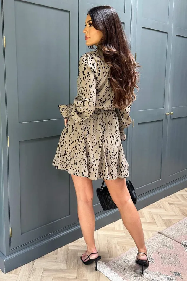 AX Paris Beige Animal Print Long Sleeve Shirred Detail Skater Dress Women Dresses