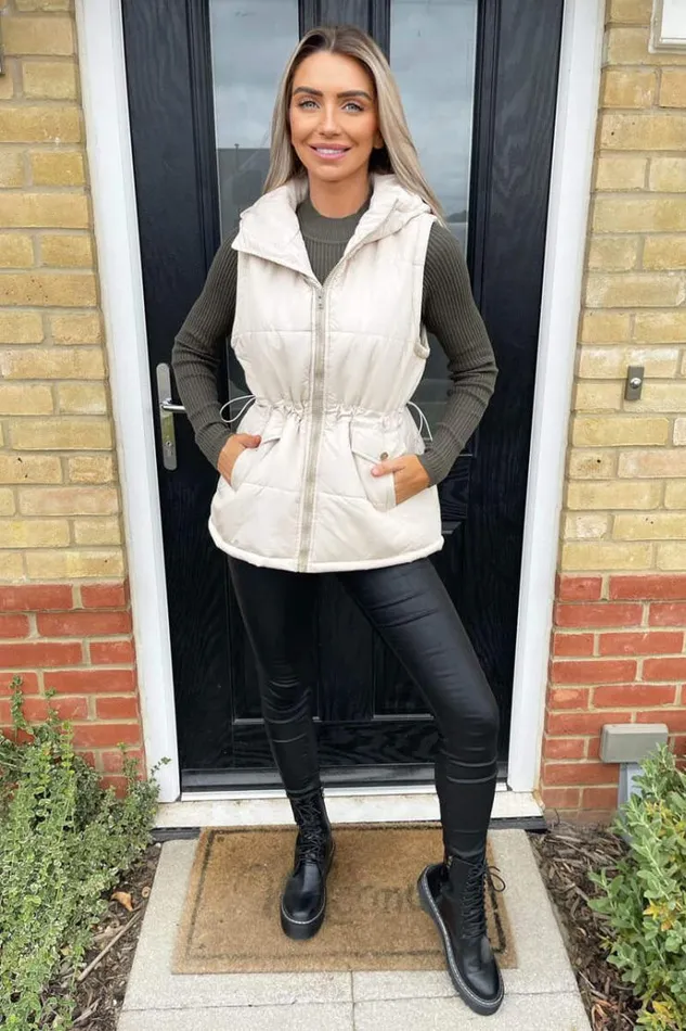 AX Paris Beige Drawstring Waist Hooded Gilet Women Coats and Jackets