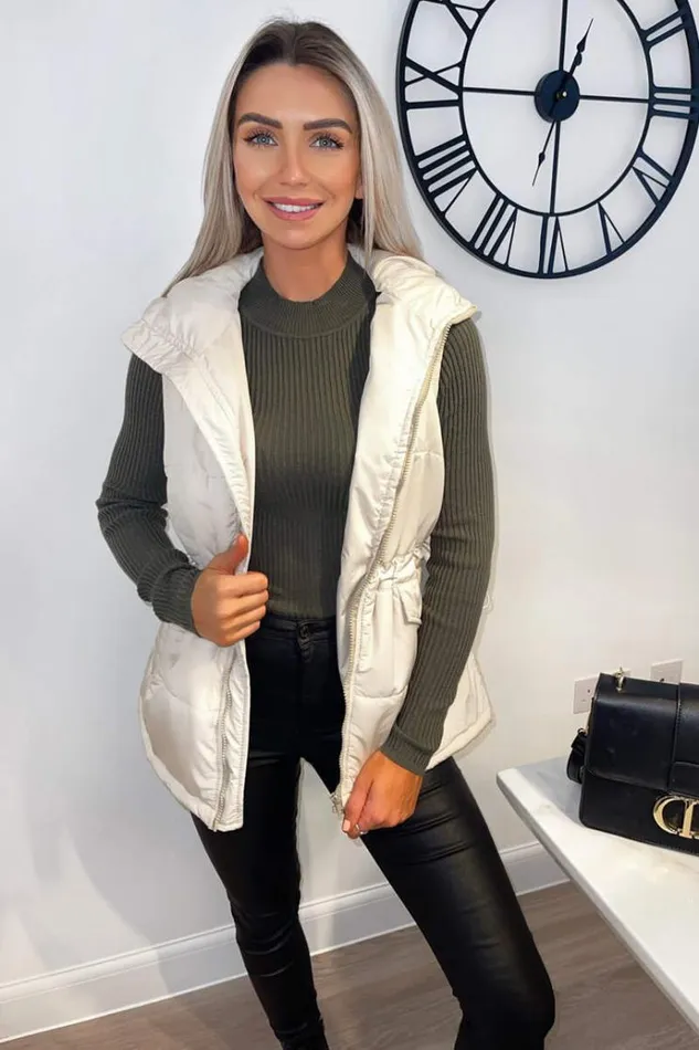 AX Paris Beige Drawstring Waist Hooded Gilet Women Coats and Jackets