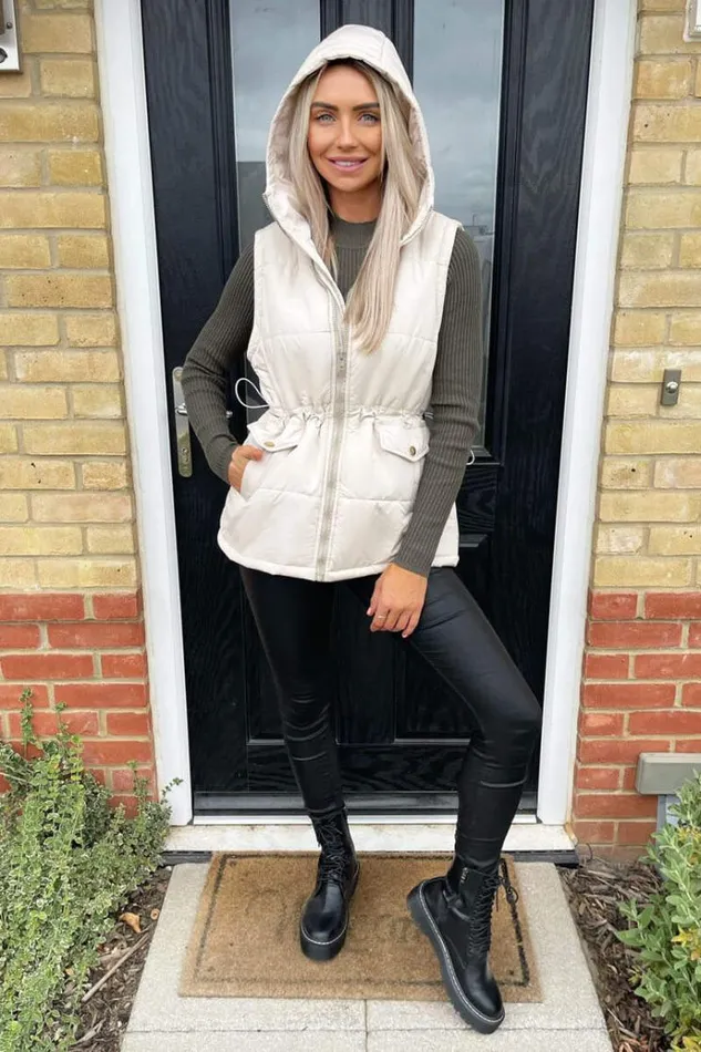 AX Paris Beige Drawstring Waist Hooded Gilet Women Coats and Jackets