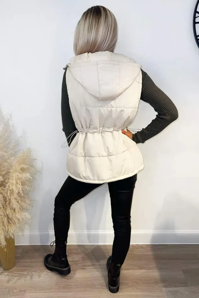 AX Paris Beige Drawstring Waist Hooded Gilet Women Coats and Jackets
