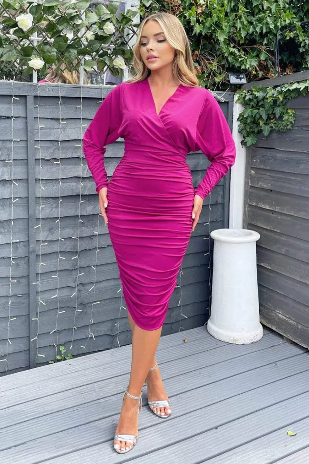 AX Paris Berry Ruched Wrap Top Midi Dress Women Dresses