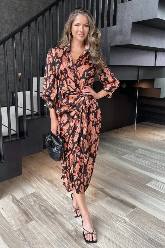 AX Paris Black Abstract Print 34 Sleeved Tie Waist Midi Dress Women Dresses