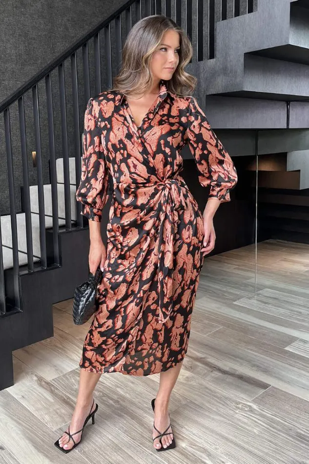 AX Paris Black Abstract Print 34 Sleeved Tie Waist Midi Dress Women Dresses