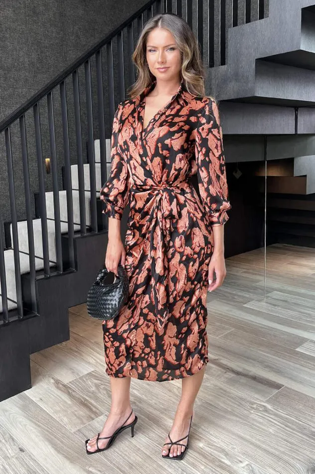 AX Paris Black Abstract Print 34 Sleeved Tie Waist Midi Dress Women Dresses