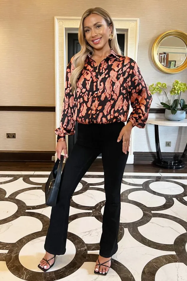AX Paris Black Abstract Print Long Sleeved Shirt Women Tops