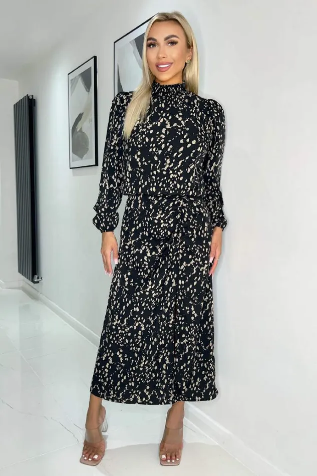 AX Paris Black And Beige Printed High Neck Split Skirt Midi Dress Women Dresses