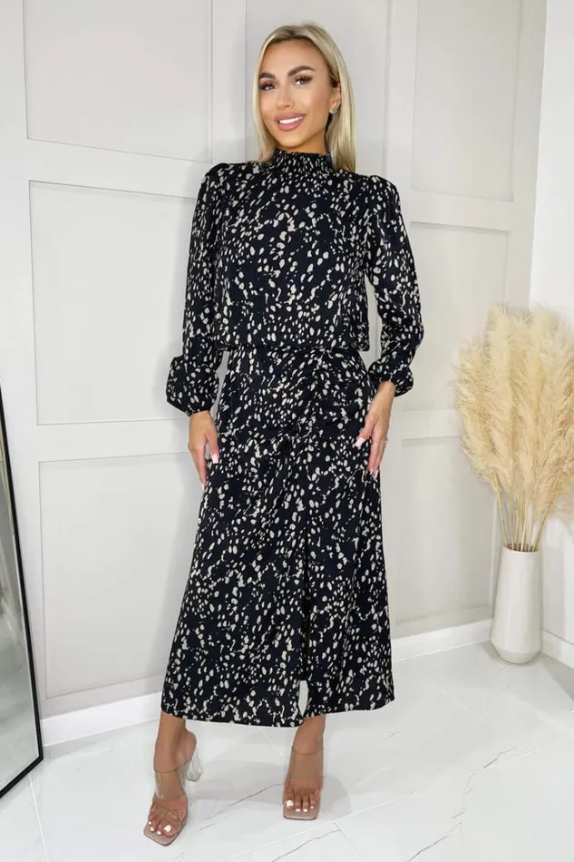AX Paris Black And Beige Printed High Neck Split Skirt Midi Dress Women Dresses