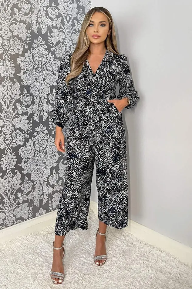 AX Paris Black And Blue Printed Belted Long Sleeve Jumpsuit Women Jumpsuits And Playsuits AX Paris Black And Blue Printed Belted Long Sleeve Jumpsuit Women Jumpsuits And Playsuits
