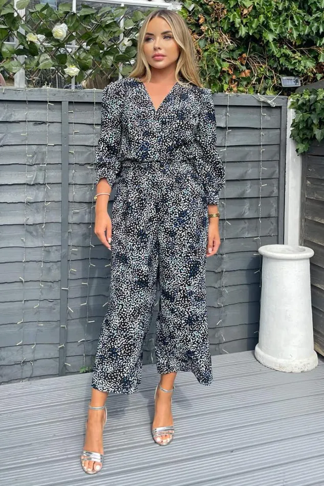 AX Paris Black And Blue Printed Belted Long Sleeve Jumpsuit Women Jumpsuits And Playsuits