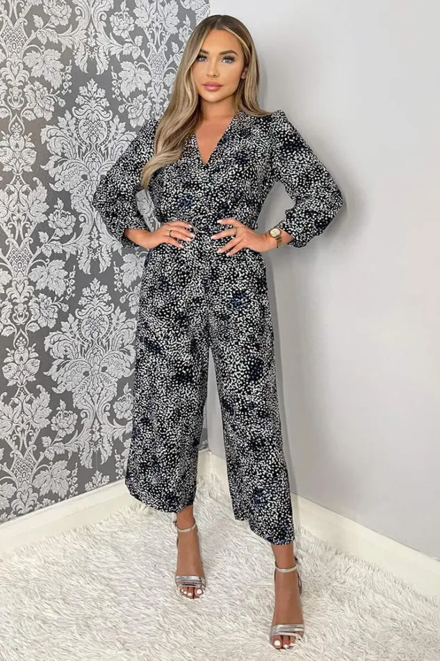 AX Paris Black And Blue Printed Belted Long Sleeve Jumpsuit Women Jumpsuits And Playsuits
