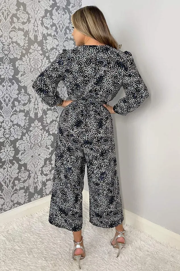 AX Paris Black And Blue Printed Belted Long Sleeve Jumpsuit Women Jumpsuits And Playsuits