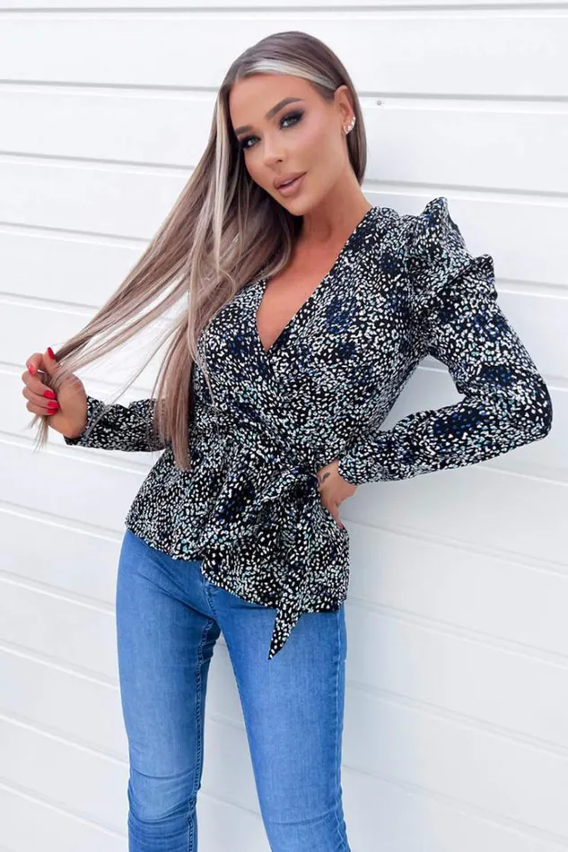 AX Paris Black And Blue Printed Belted Wrap Top Women Tops