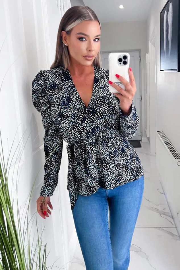 AX Paris Black And Blue Printed Belted Wrap Top Women Tops