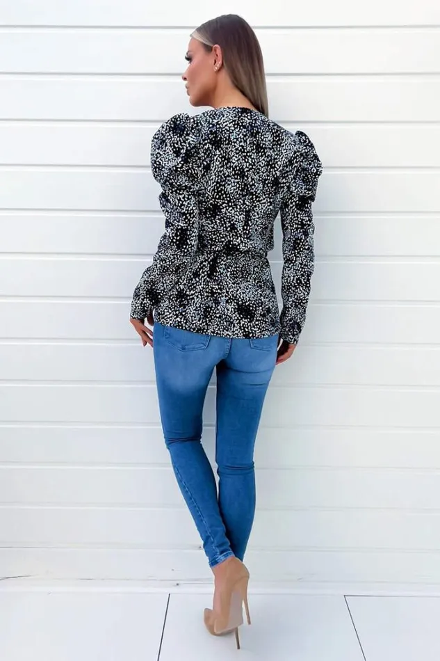 AX Paris Black And Blue Printed Belted Wrap Top Women Tops