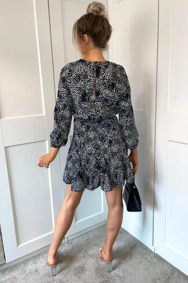AX Paris Black And Blue Printed Long Sleeve Skater Dress Women Dresses