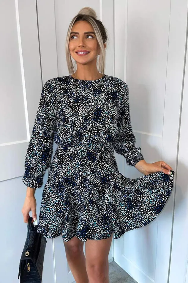AX Paris Black And Blue Printed Long Sleeve Skater Dress Women Dresses