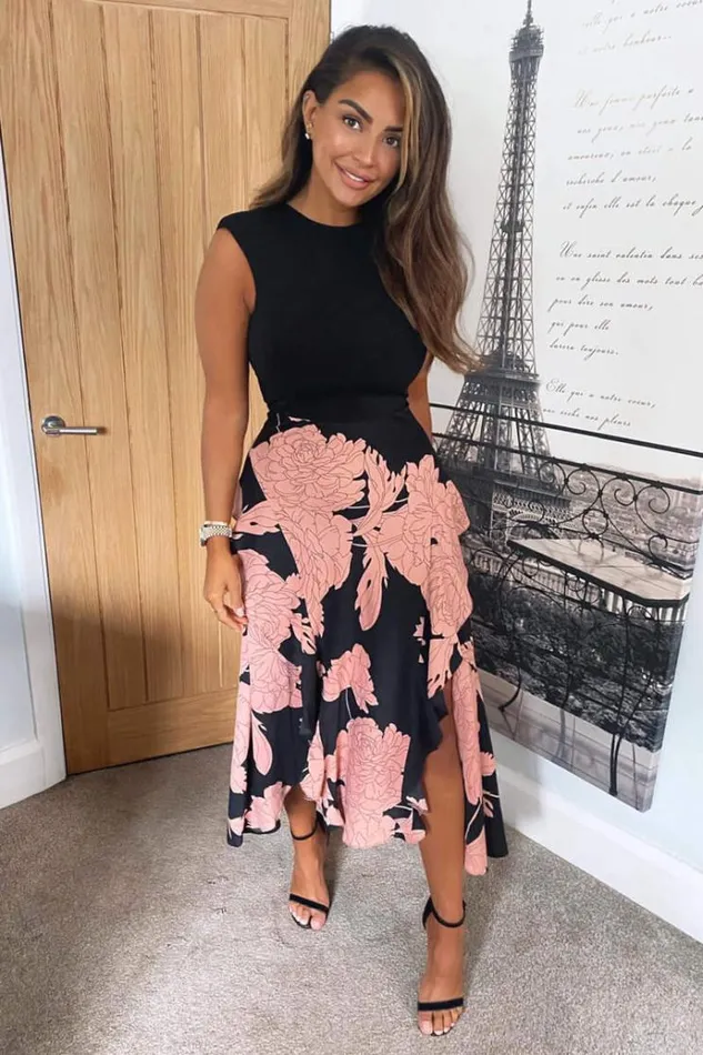 AX Paris Black And Blush Floral Print 2 In 1 Midi Dress Women Dresses