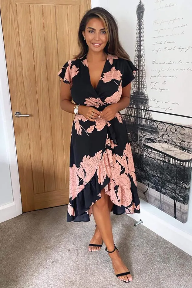 AX Paris Black And Blush Floral Print Wrap Midi Dress Women Dresses