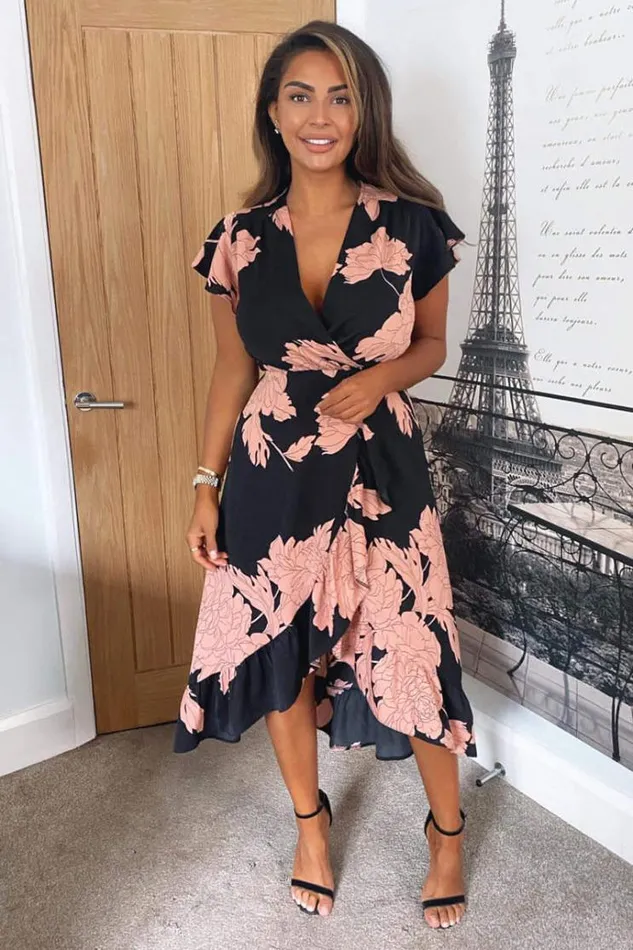 AX Paris Black And Blush Floral Print Wrap Midi Dress Women Dresses