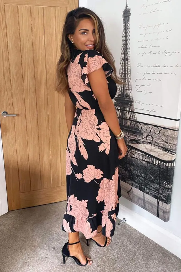 AX Paris Black And Blush Floral Print Wrap Midi Dress Women Dresses