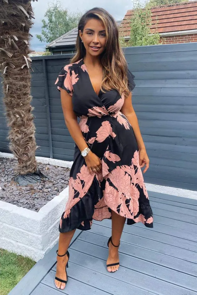 AX Paris Black And Blush Floral Print Wrap Midi Dress Women Dresses