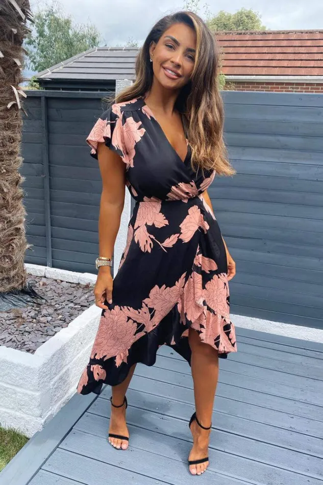 AX Paris Black And Blush Floral Print Wrap Midi Dress Women Dresses