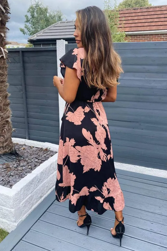 AX Paris Black And Blush Floral Print Wrap Midi Dress Women Dresses