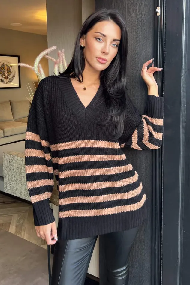 AX Paris Black And Camel Stripe VNeck Knit Jumper Women Knitwear