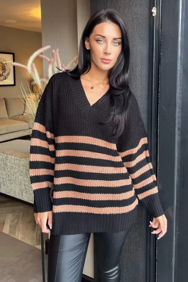 AX Paris Black And Camel Stripe VNeck Knit Jumper Women Tops