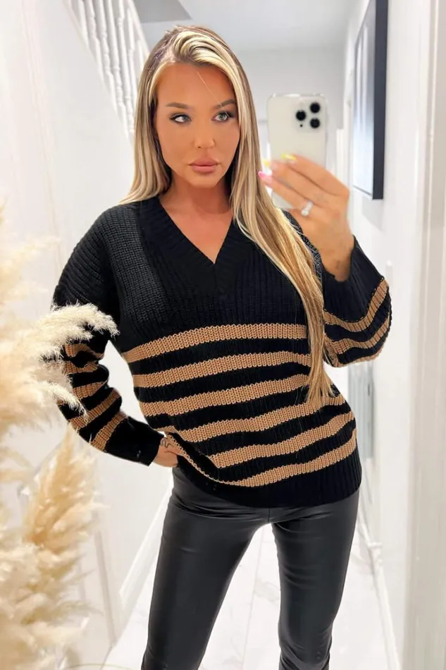 AX Paris Black And Camel Stripe VNeck Knit Jumper Women Tops