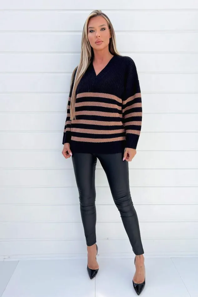 AX Paris Black And Camel Stripe VNeck Knit Jumper Women Tops