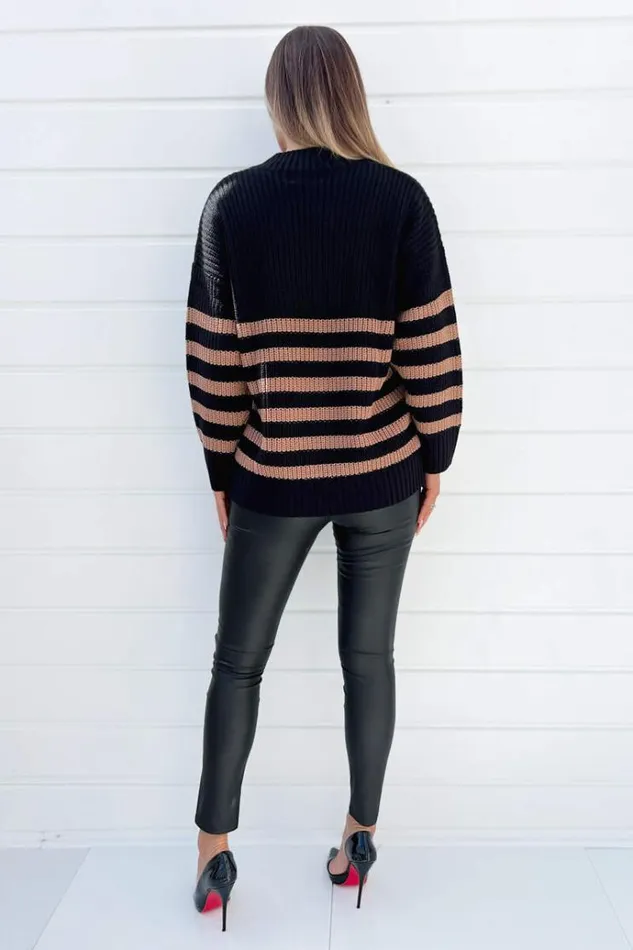 AX Paris Black And Camel Stripe VNeck Knit Jumper Women Tops