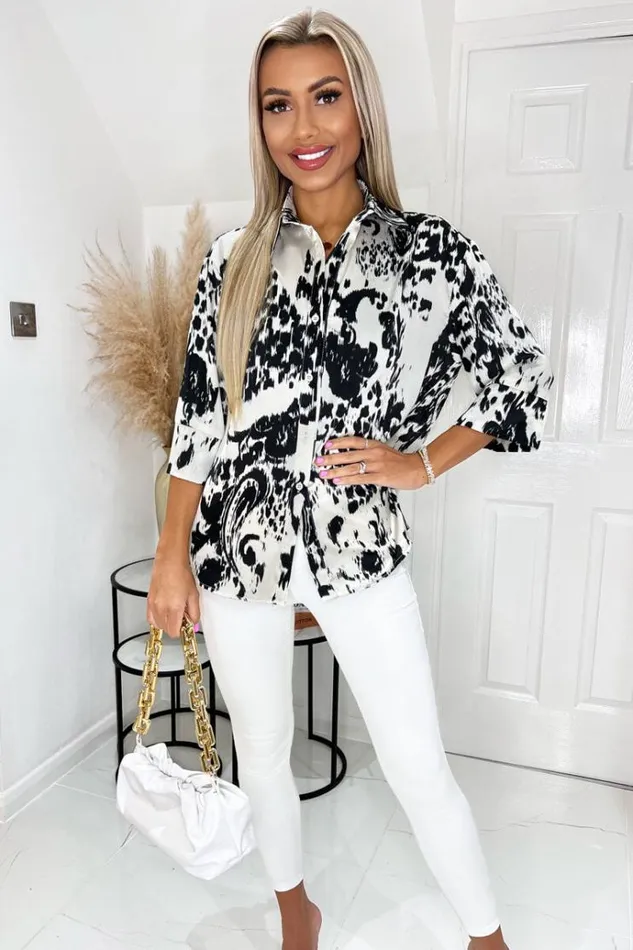 AX Paris Black And Cream 34 Sleeve Button Up Shirt Women Tops
