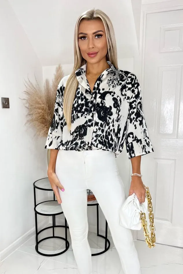 AX Paris Black And Cream 34 Sleeve Button Up Shirt Women Tops