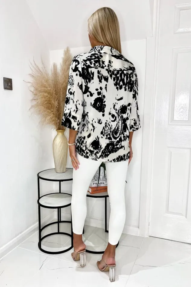 AX Paris Black And Cream 34 Sleeve Button Up Shirt Women Tops