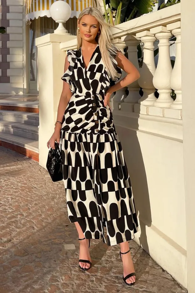 AX Paris Black And Cream Abstract Print Button Front Midi Dress Women Dresses AX Paris Black And Cream Abstract Print Button Front Midi Dress Women Dresses