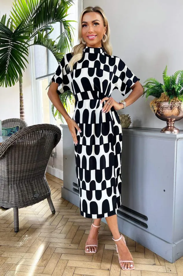 AX Paris Black And Cream Abstract Print High Neck Wrap Skirt Midi Dress Women Dresses AX Paris Black And Cream Abstract Print High Neck Wrap Skirt Midi Dress Women Dresses