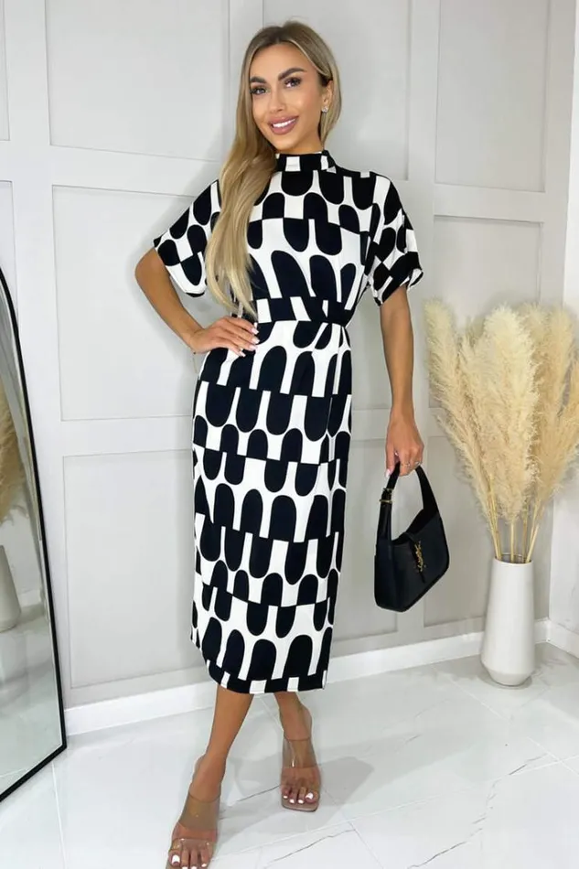 AX Paris Black And Cream Abstract Print High Neck Wrap Skirt Midi Dress Women Dresses