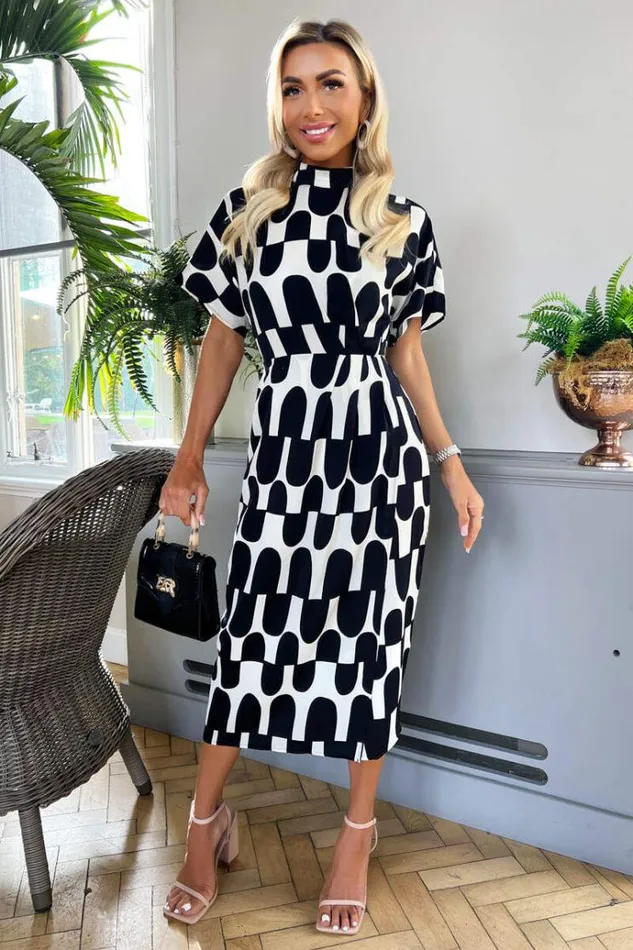 AX Paris Black And Cream Abstract Print High Neck Wrap Skirt Midi Dress Women Dresses